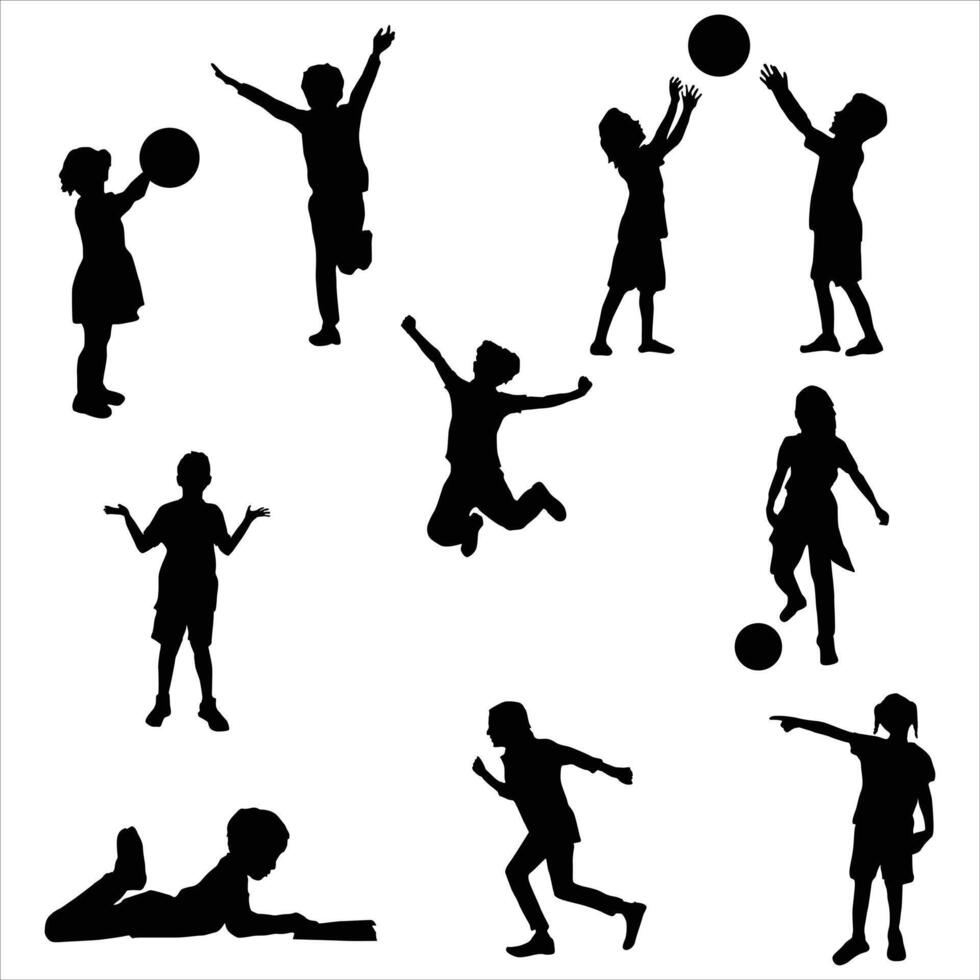 silhouettes set of kids, Children play ball, Boy jumping, read book. vector