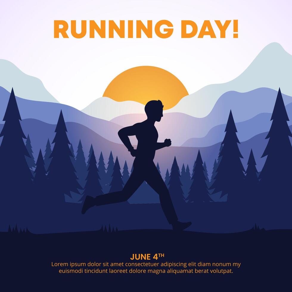 Global Running Day design with a silhouette of a running man and natural scenery vector