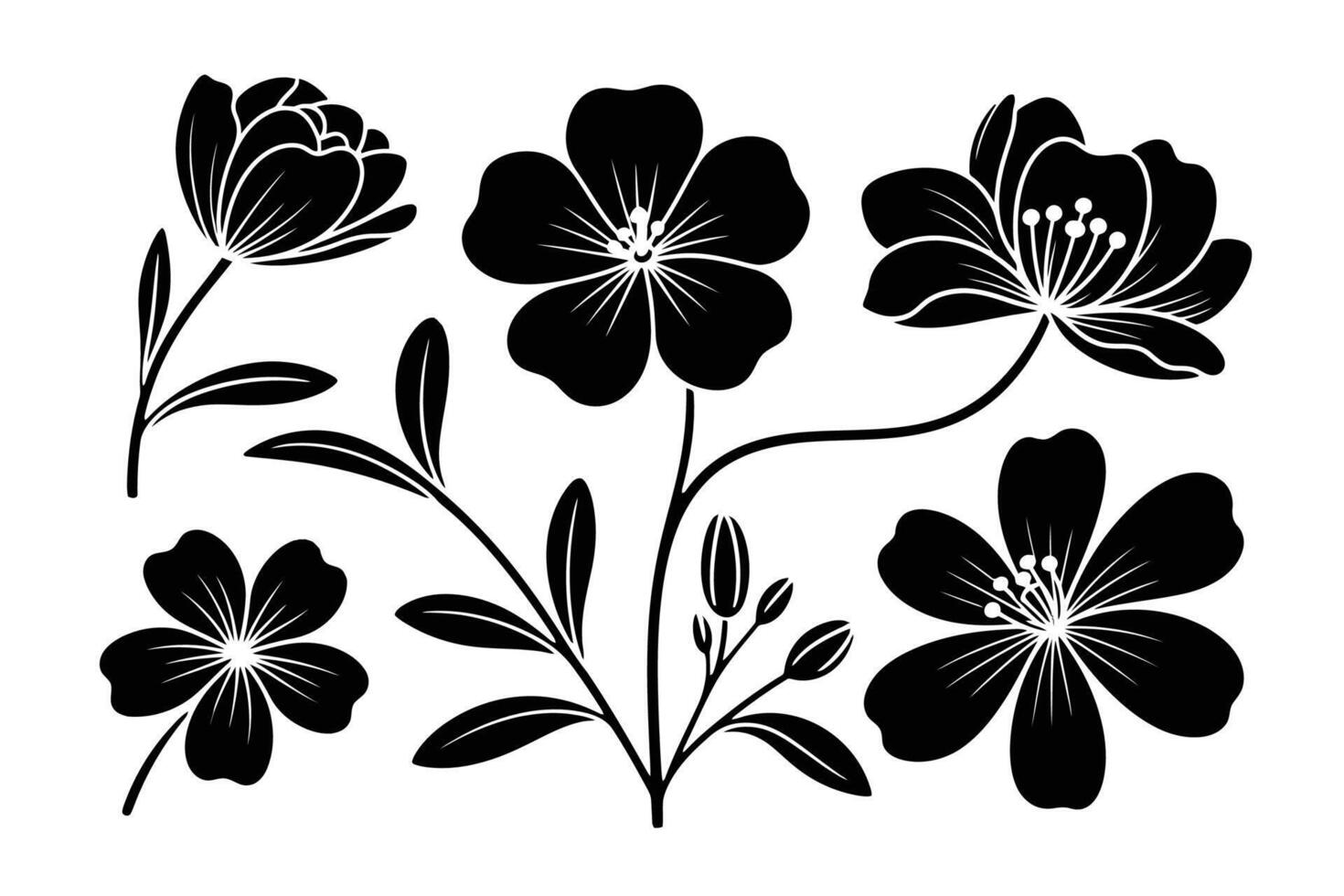 Iconic Black Flower Silhouettes Set vector