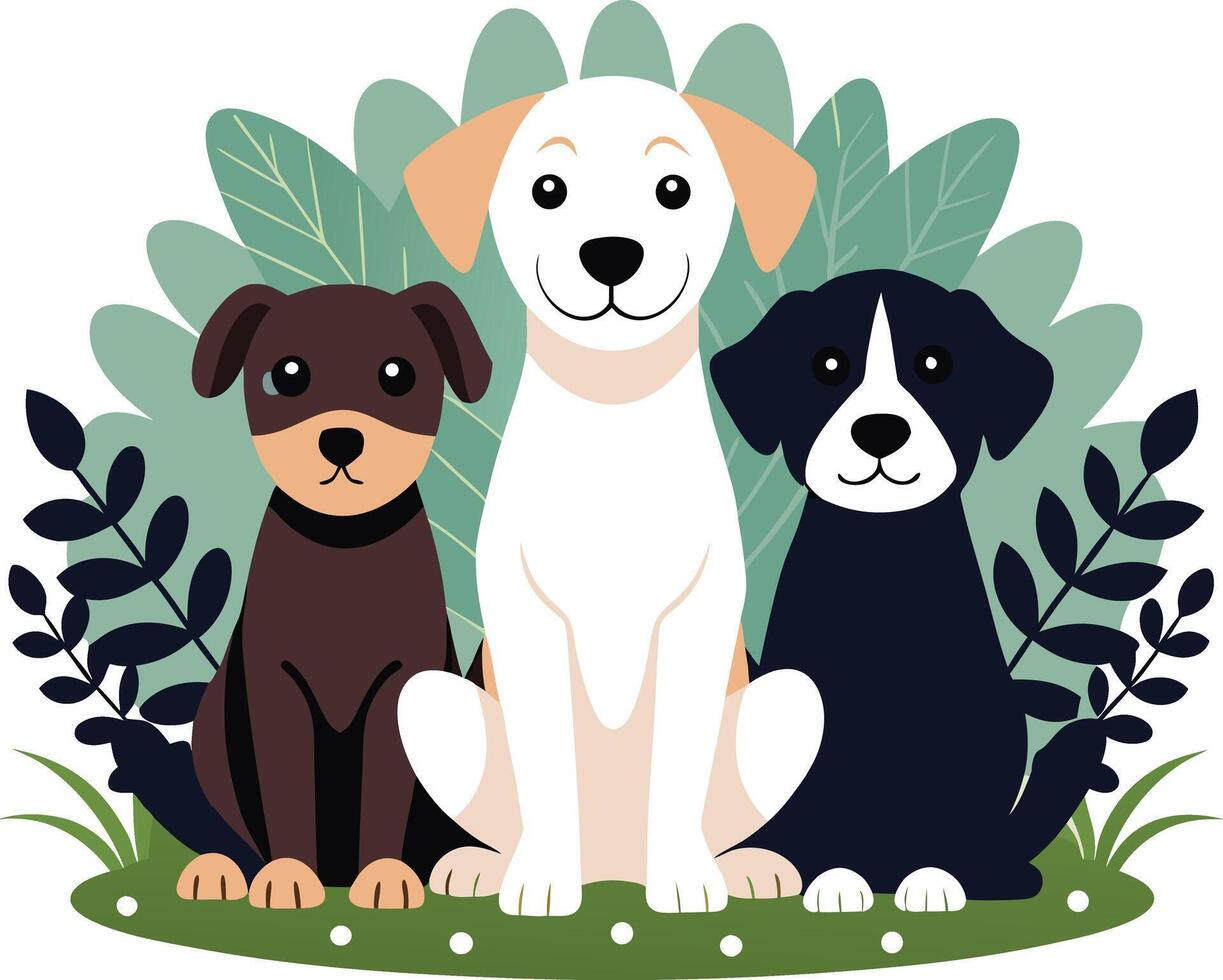 Three dogs sitting together in the grass vector