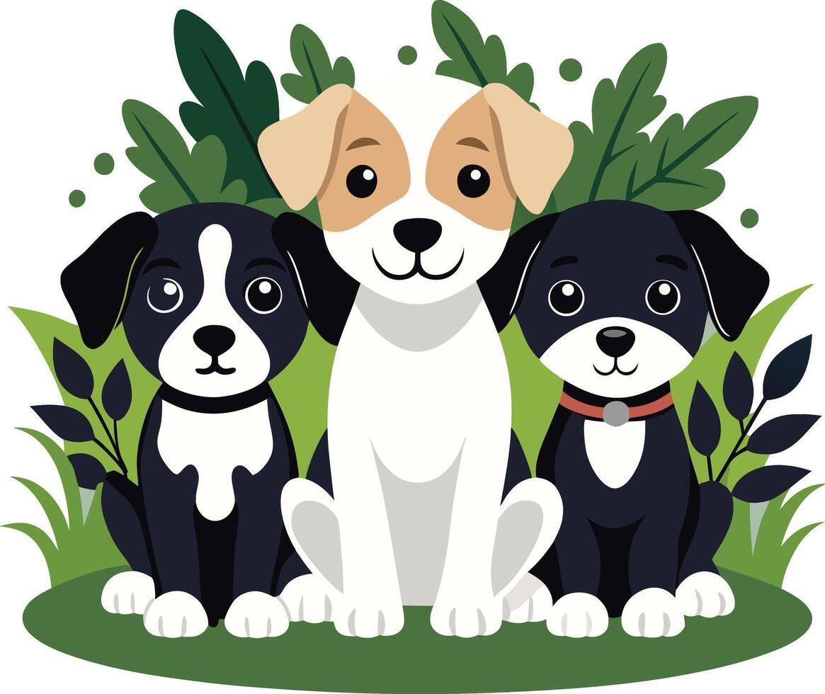Three dogs sitting in the grass with leaves vector