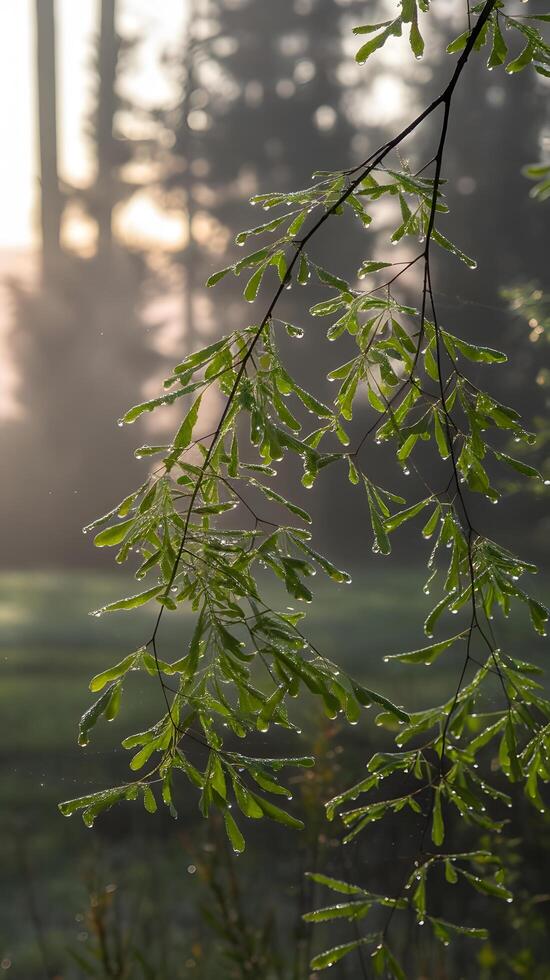 Willow tree branch with water drops on a background of sunset. photo