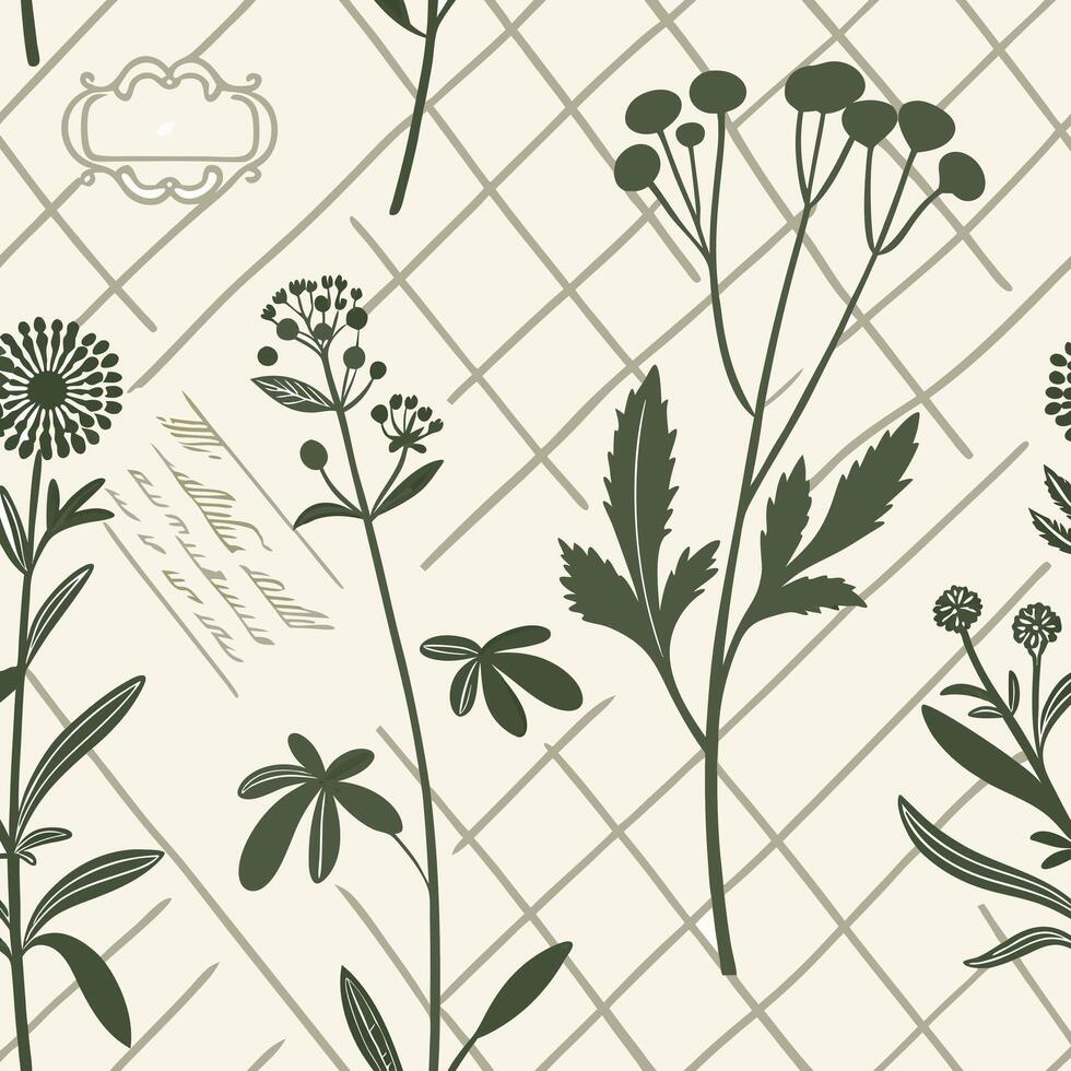 Herbarium Sheet Style Seamless Pattern with Vintage Botanical Labels vector
