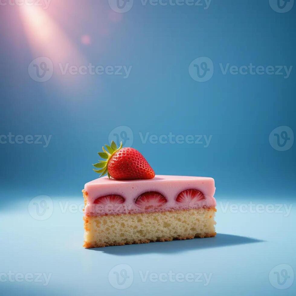 Strawberry Cake Slice on Blue Background with Bright Light photo