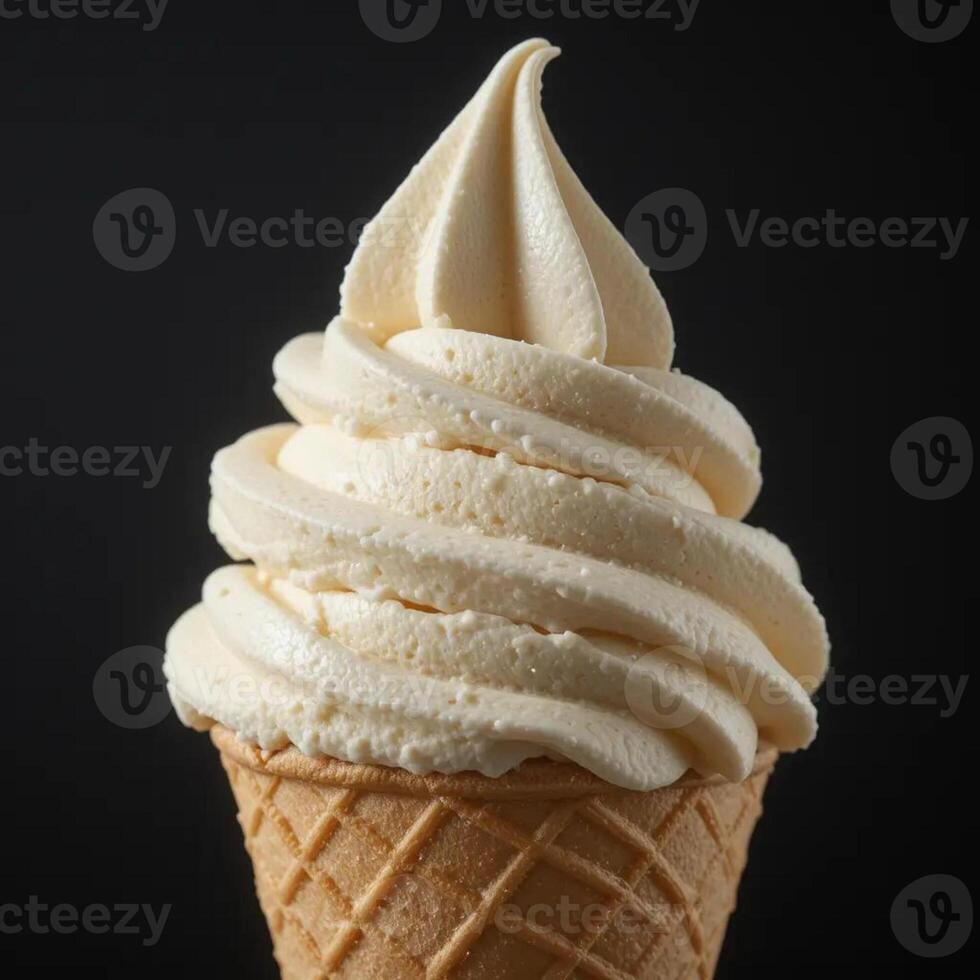Ice Cream Cone with Vanilla Swirl on Dark Background photo