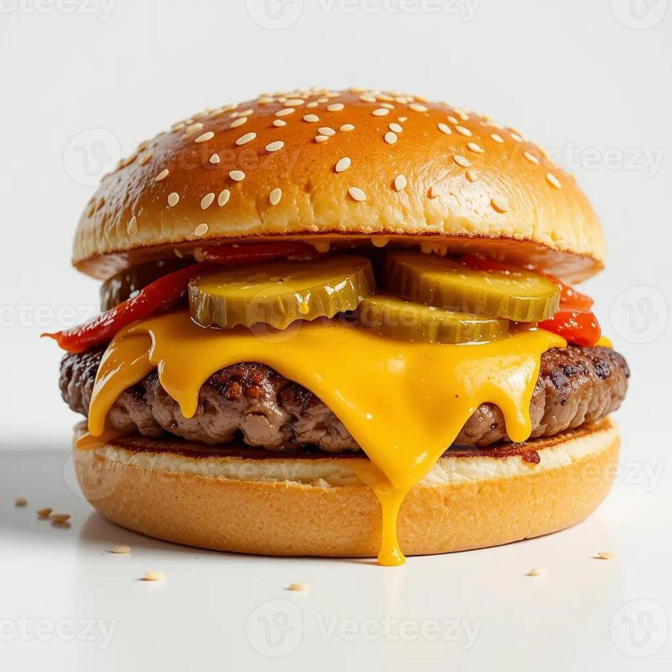 Delicious Burger with Melting Cheese and Pickles on White Background photo