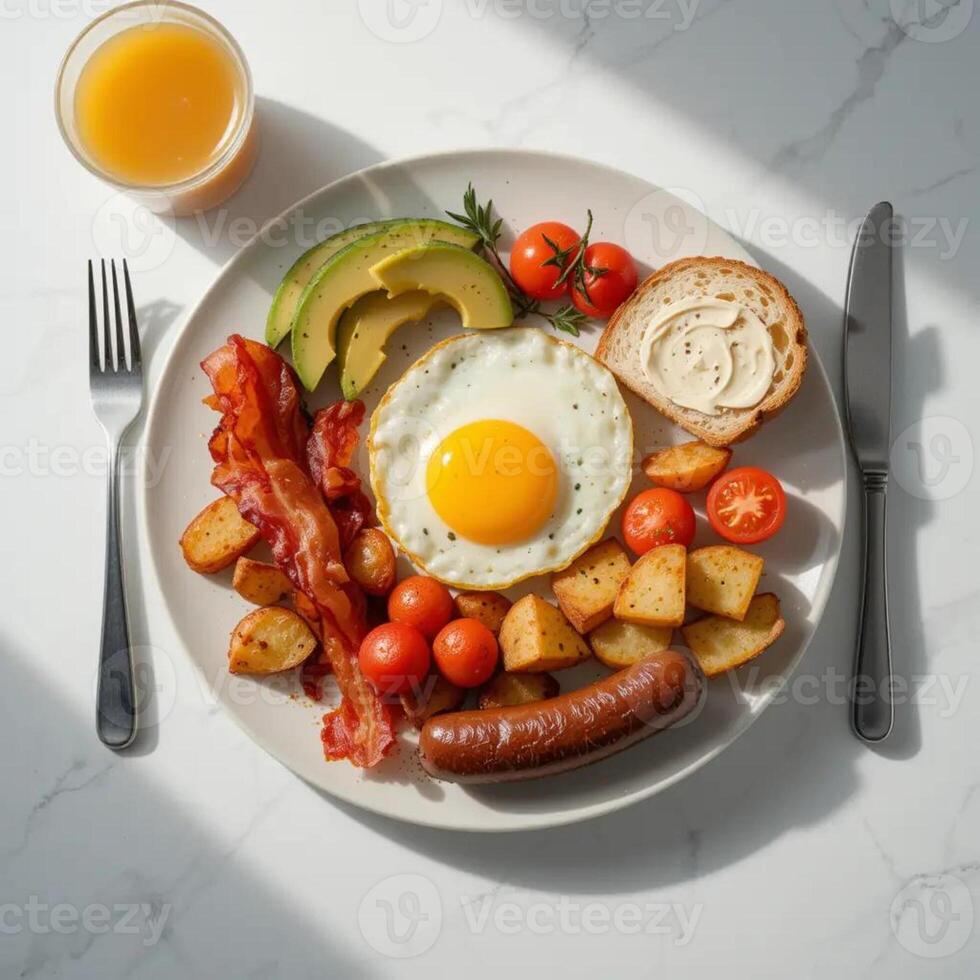 Breakfast Plate with Egg, Sausage, Bacon, and Avocado photo