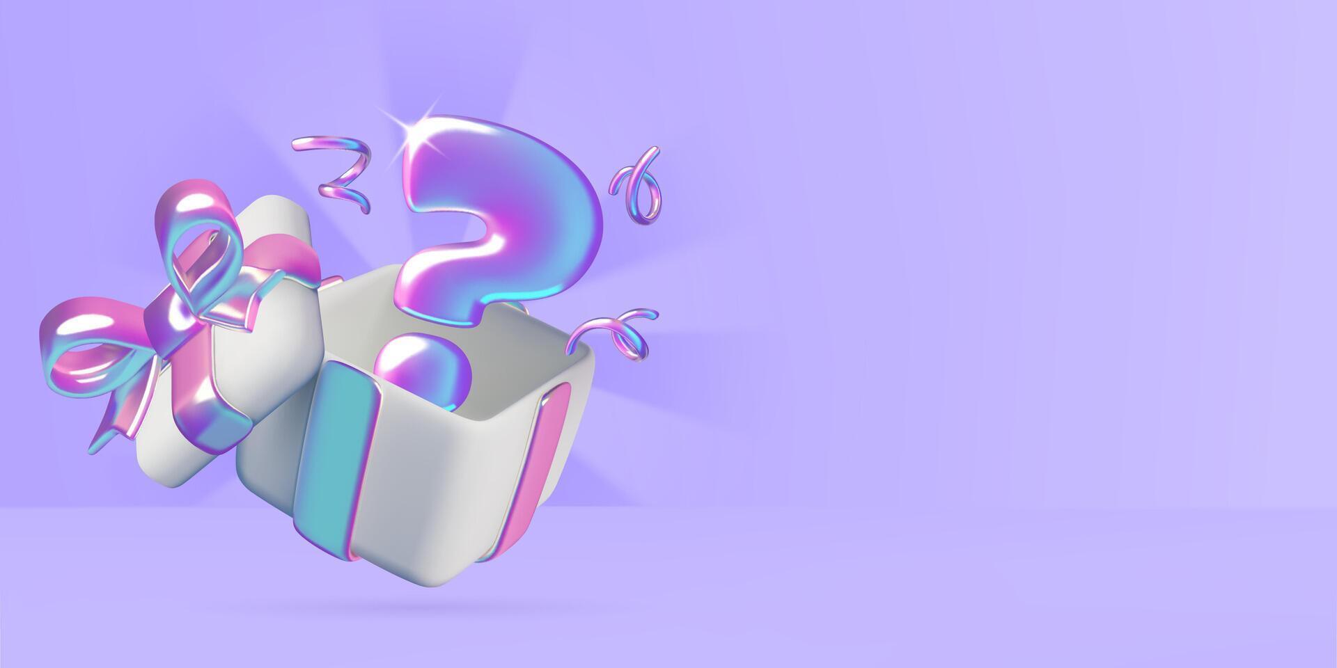 Open mystery box with question mark surprise inside on purple background vector