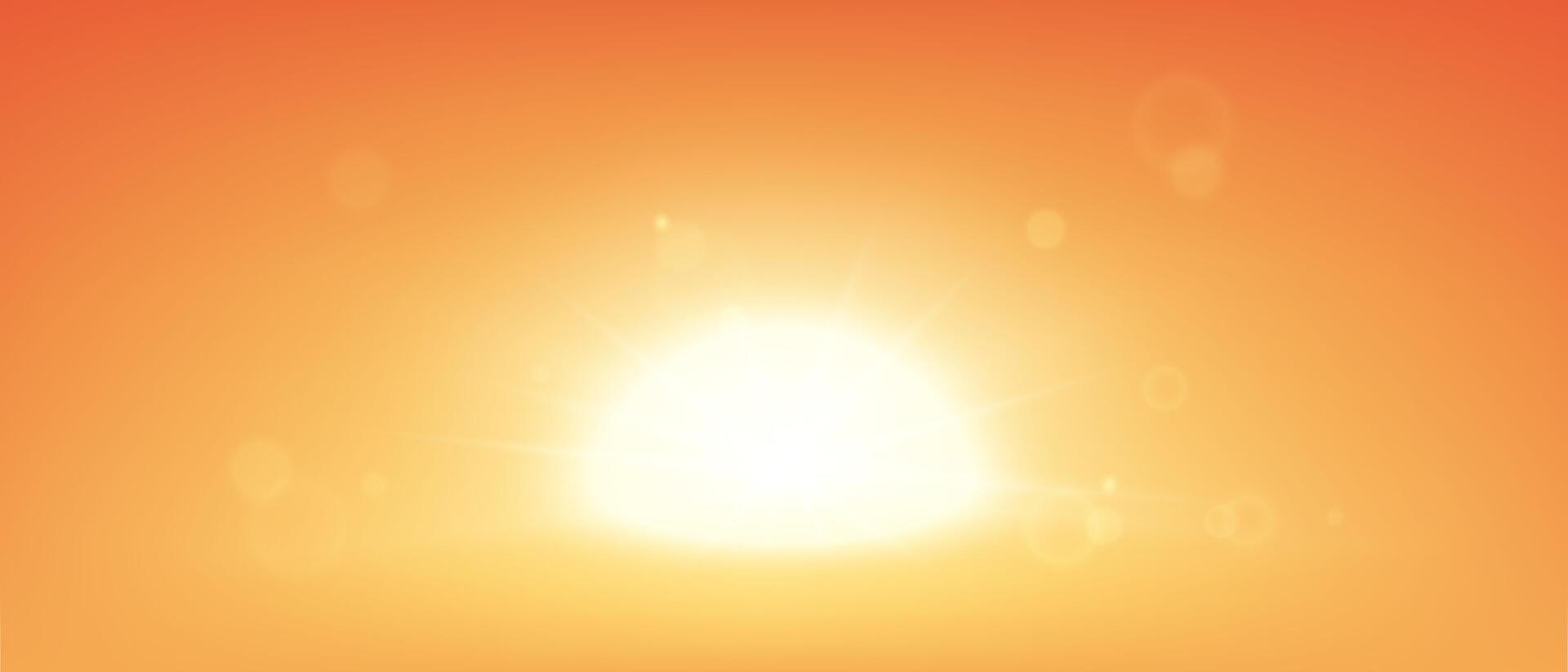 Sunset on red sky background with realistic sun lens flare light effect vector