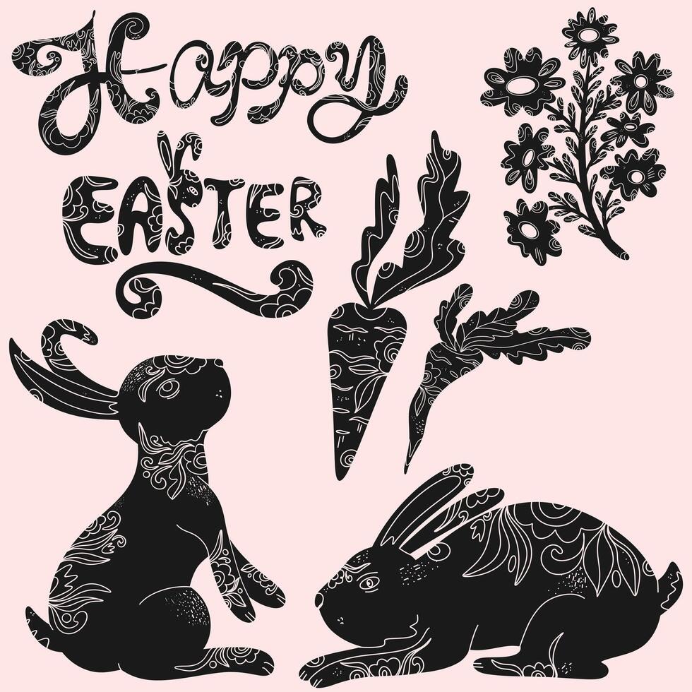 easter bunny, rabbit and carrot with the words happy easter vector