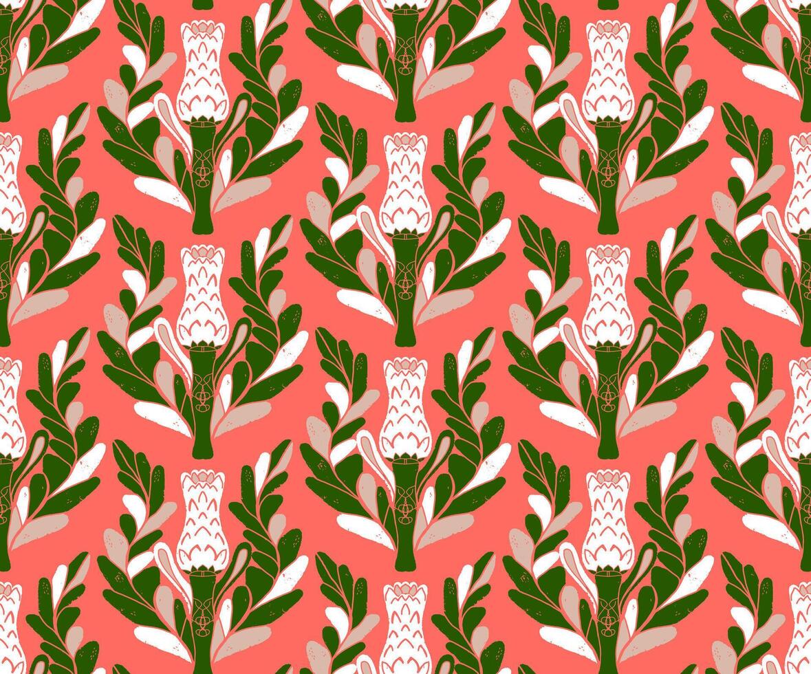 a pattern with green leaves and flowers on a pink background vector