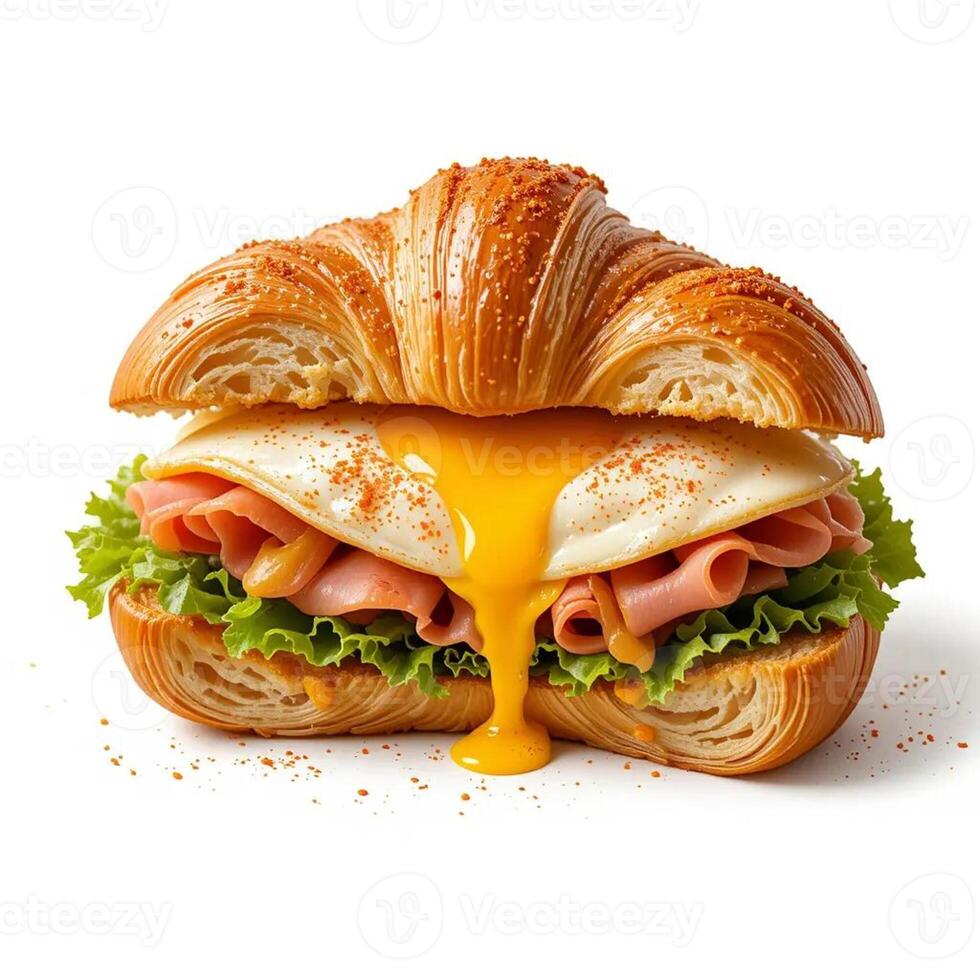 Making Croissant Sandwich with Egg, Meat, and Lettuce on White photo