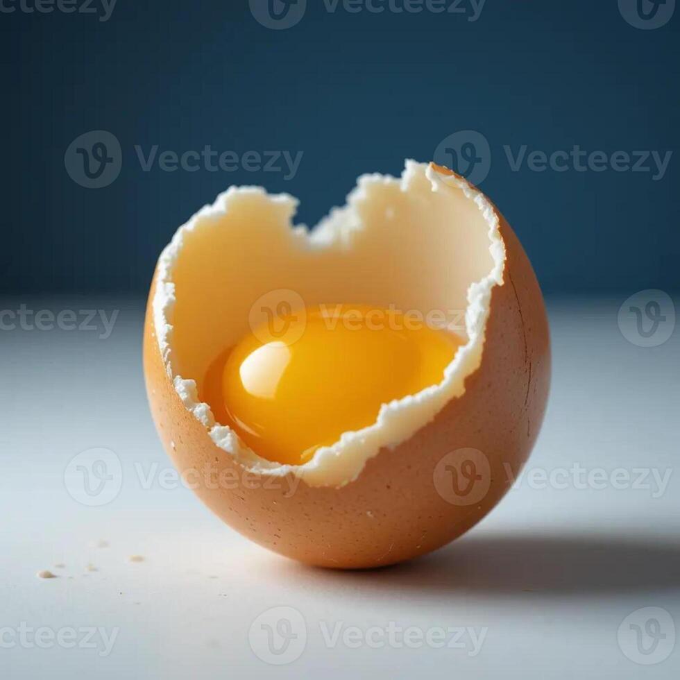 Cracked Egg with Yolk Inside on White Table photo