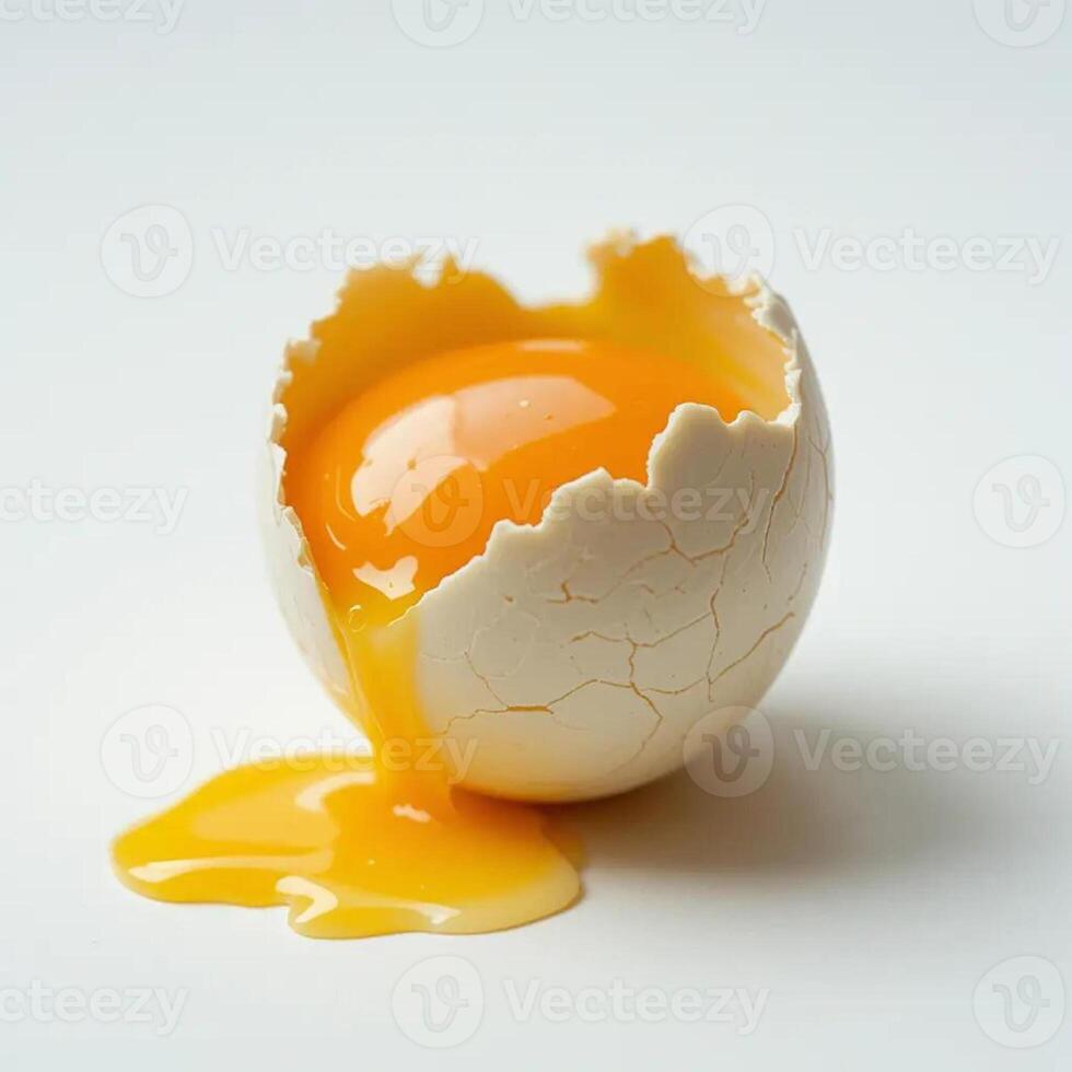 Cracked Egg with Bright Yolk Flowing Out on White Background photo