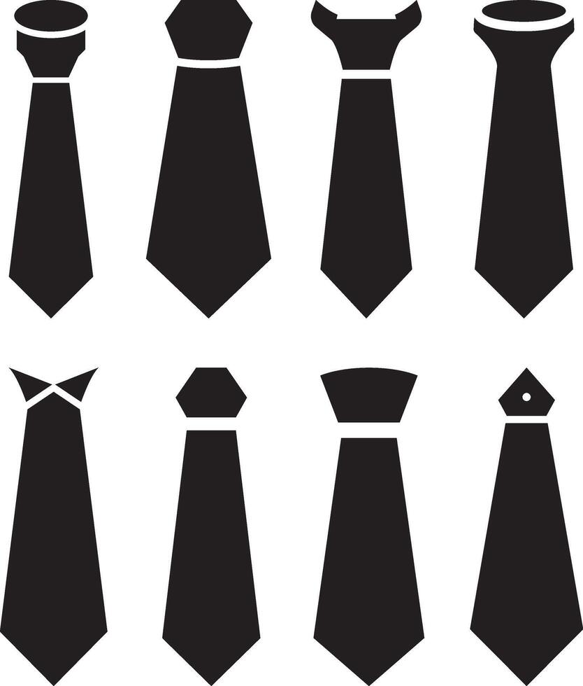 A set of nine black silhouette illustrations of different tie styles vector