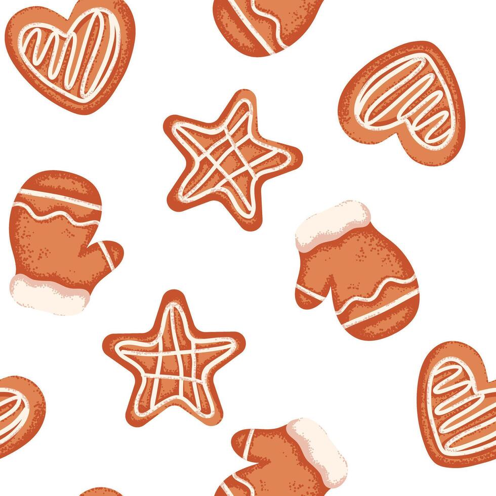 Christmas seamless pattern of gingerbread cookie in shape of star, heart and glove vector