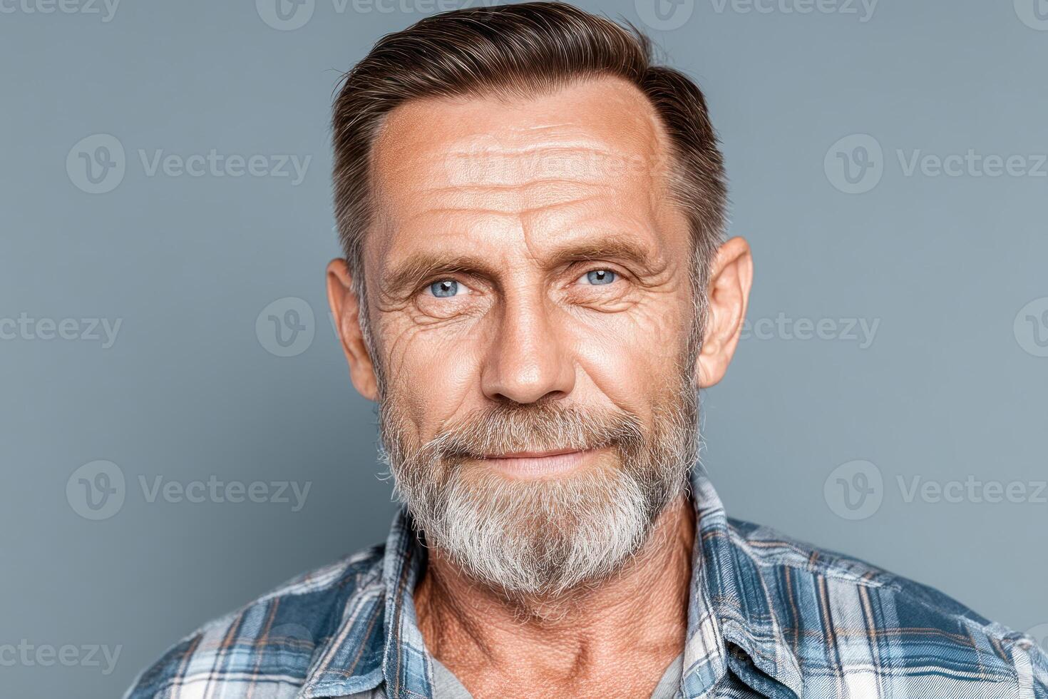 Confident man in a plaid shirt smiles showcasing his blue eyes and gray beard against a neutral background photo