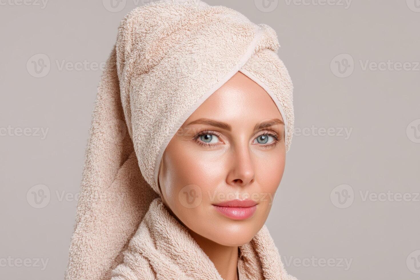 Woman presents a fresh and radiant look with a towel wrapped around her head after a skincare routine photo