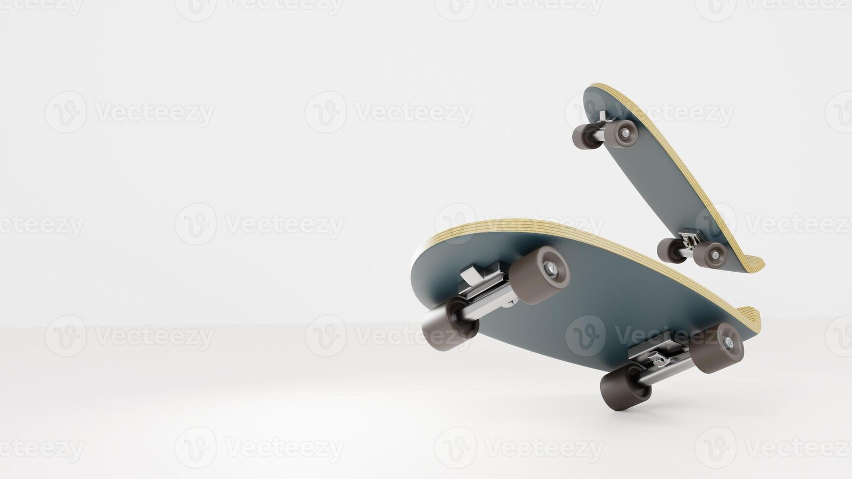 Twin Skateboards in Mid-Air - Dynamic 3D Illustration with Minimalist Background photo
