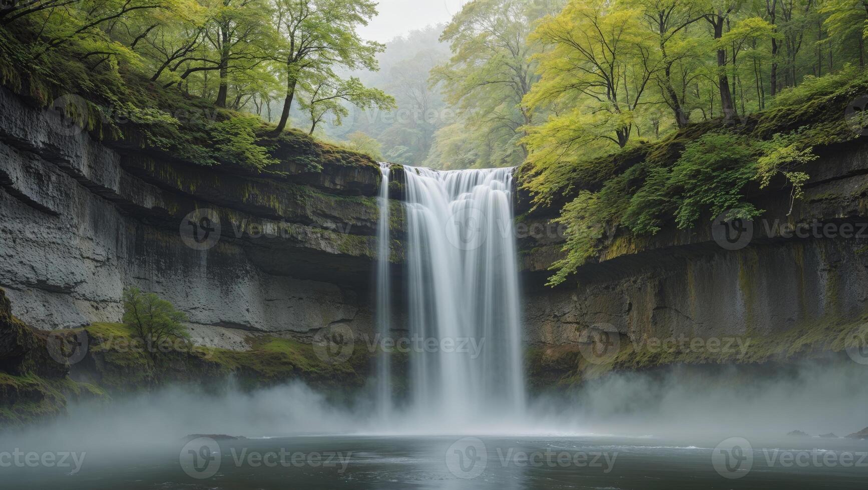 A beautiful cascading waterfall flowing over rocky cliffs surrounded by trees photo