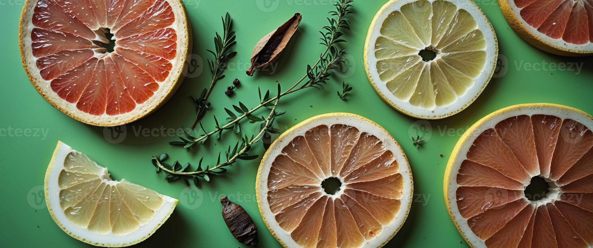 Grapefruit Lemon Slices Herbs And Spices On Green Background. photo