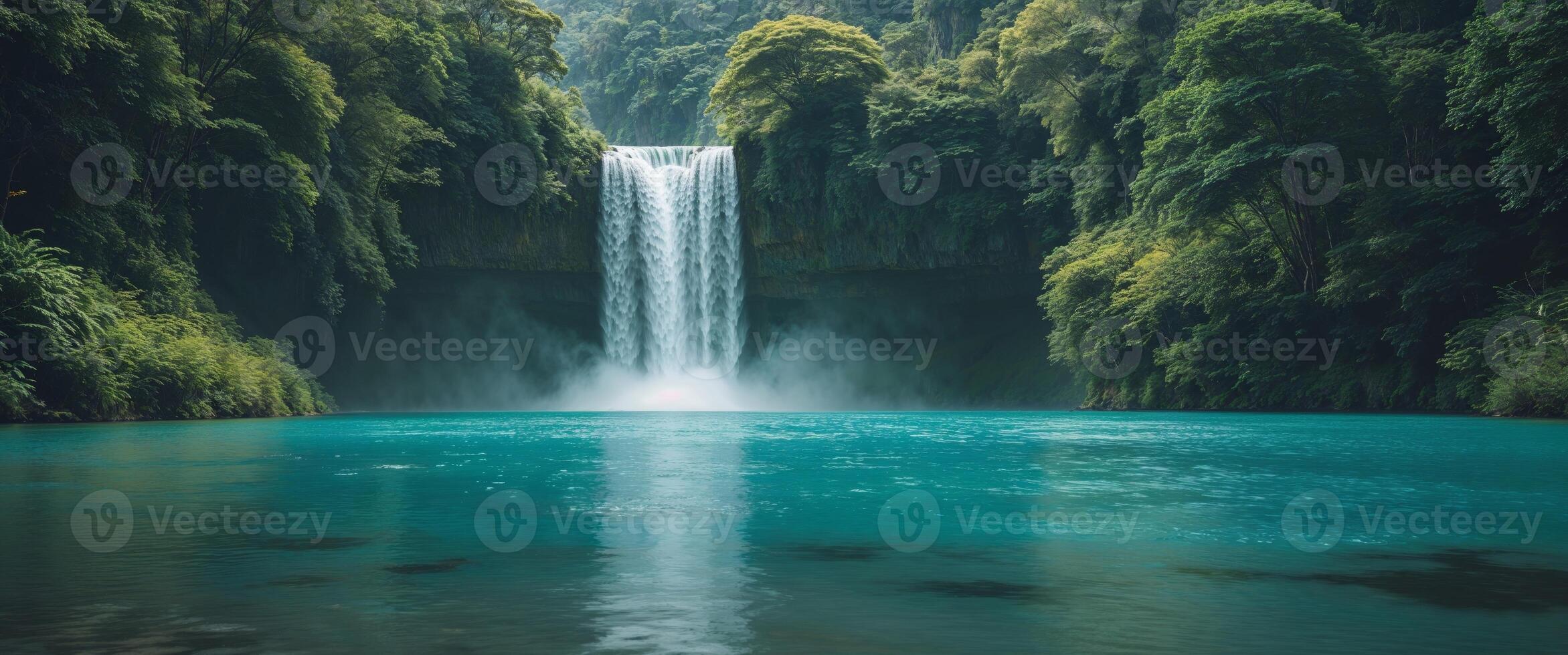Serene Waterfall Cascading into Turquoise Lagoon Surrounded by Lush Greenery. photo