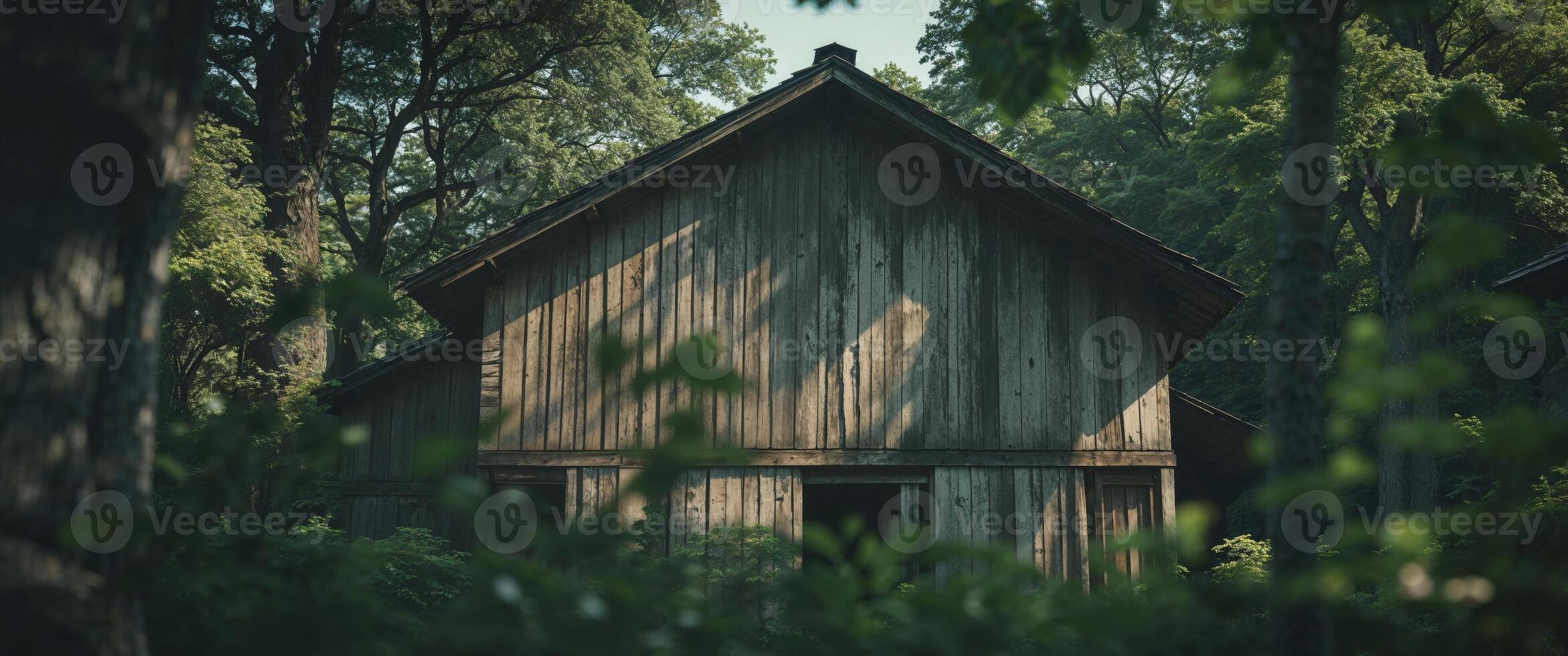 Rustic wooden house in lush green surroundings photo