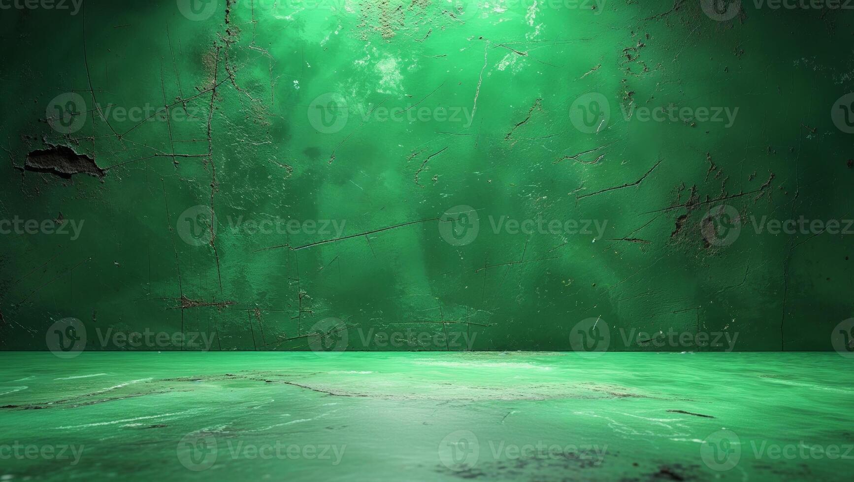Green room with a concrete floor and a green light photo