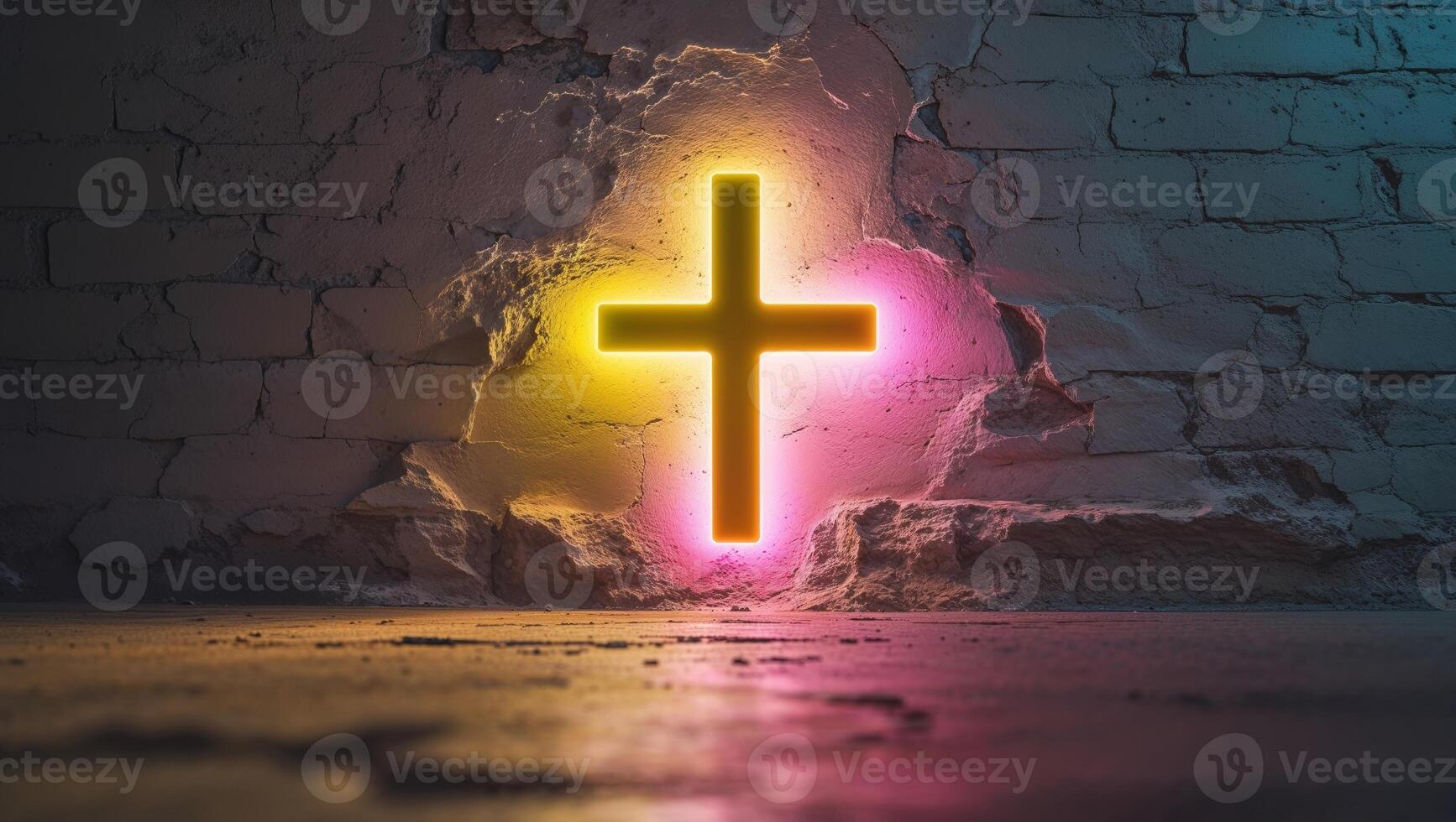 A neon cross is lit up in a dark room photo