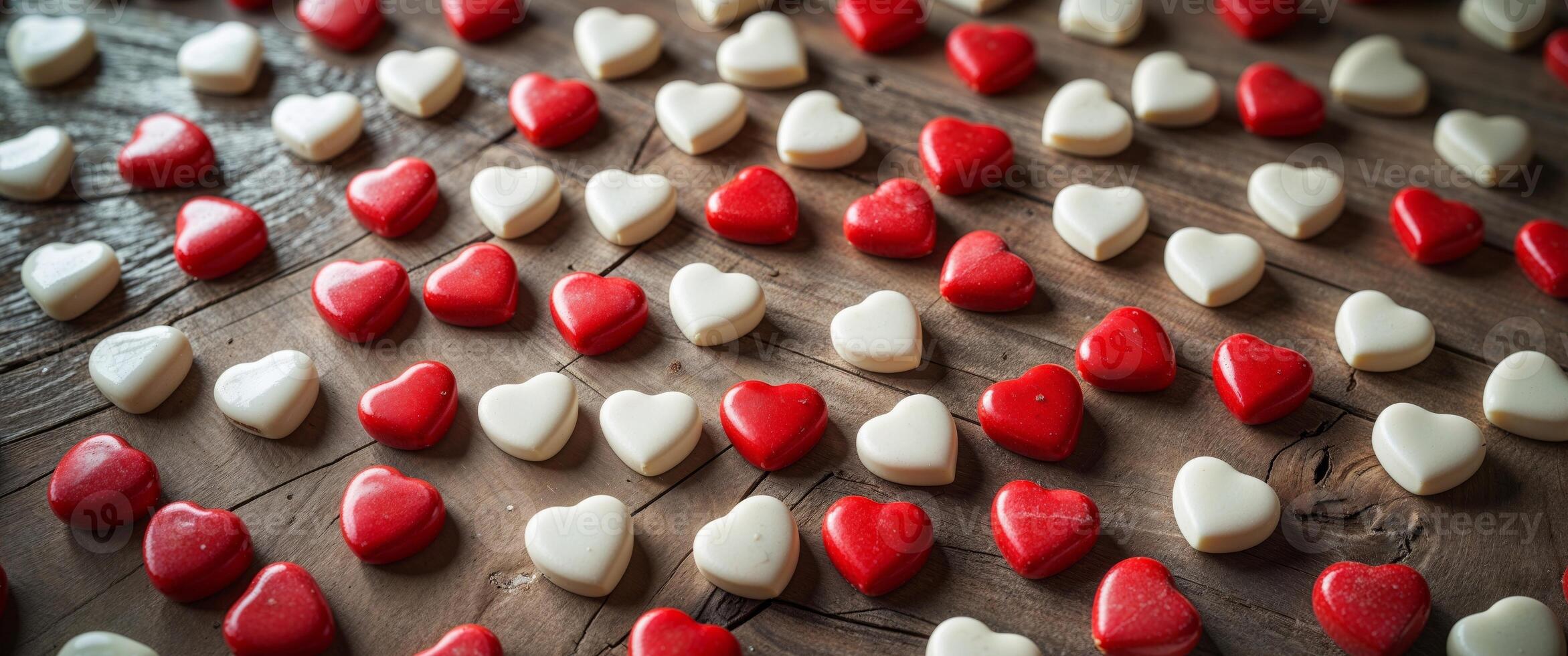 rojo y blanco corazón conformado golosinas en un de madera mesa foto