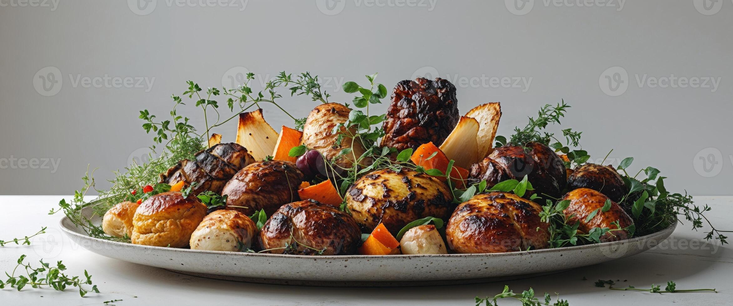 A plate of food with vegetables and herbs photo