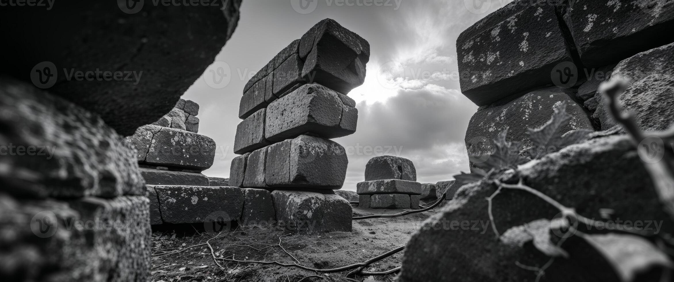 A black and white photo of some large stone blocks