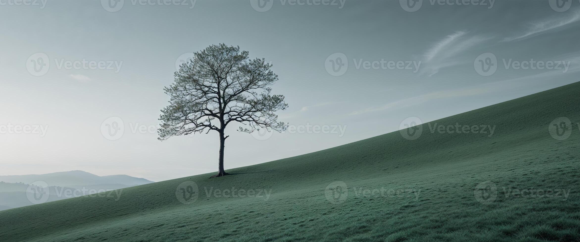 A lone tree stands on a hill in the middle of a green field photo