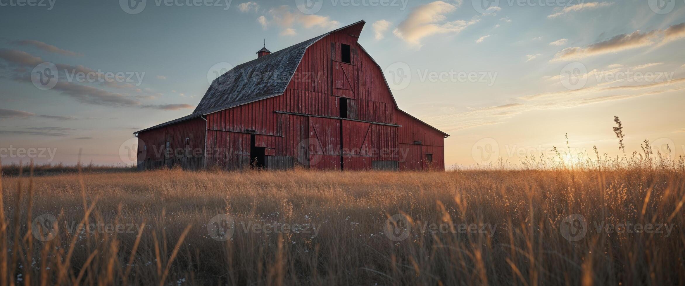 An old red barn in the middle of a field photo