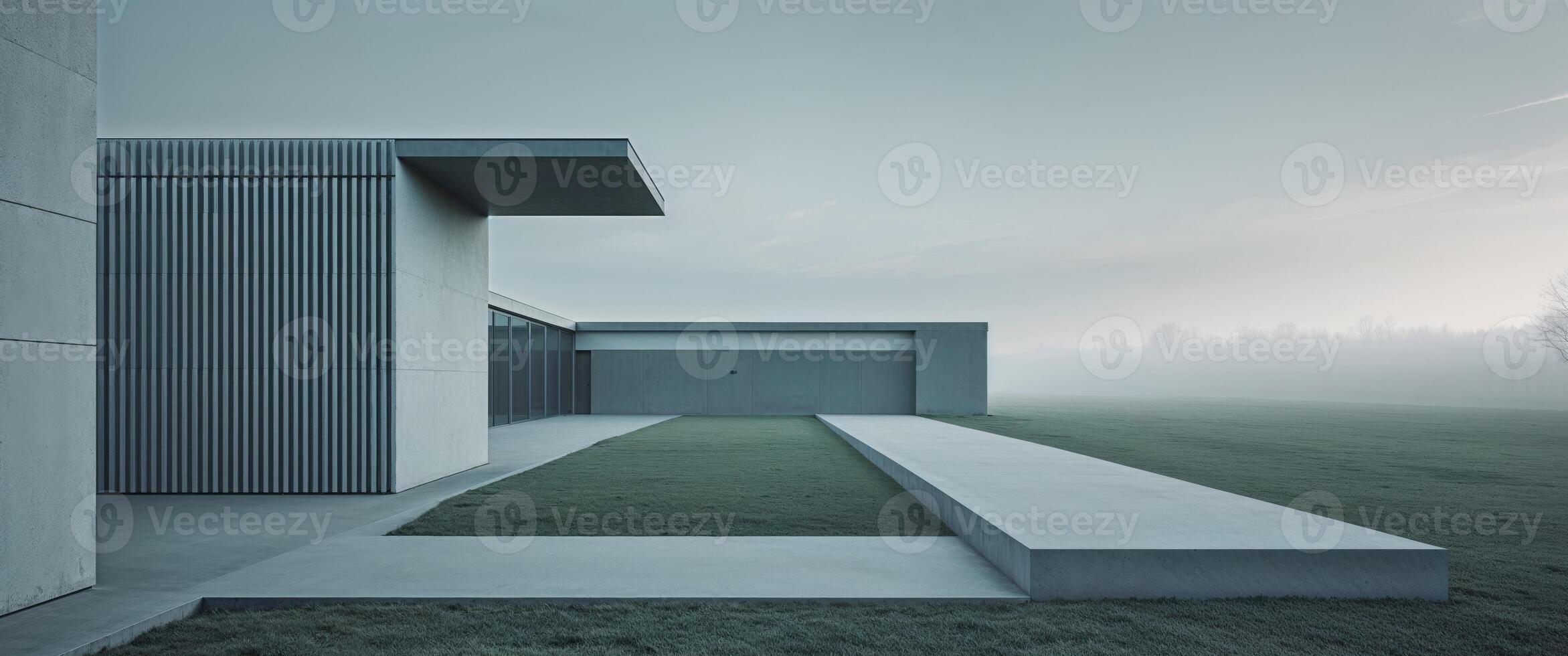 A modern concrete house with a foggy background photo