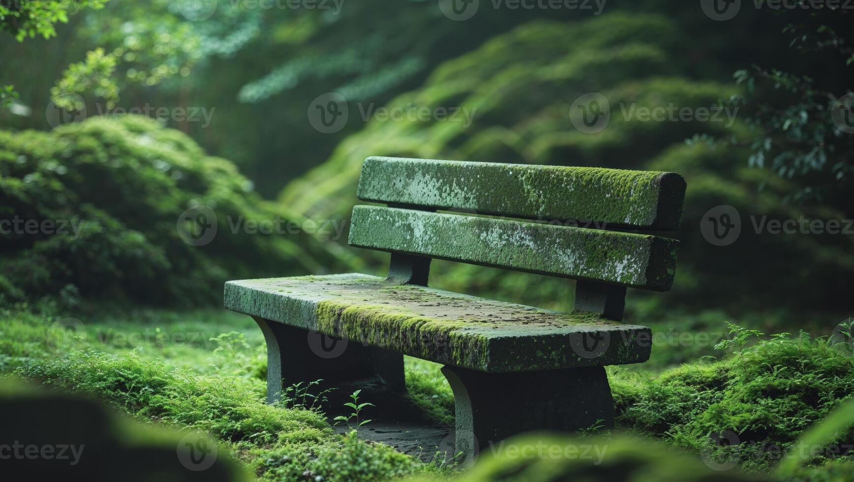 A bench in the middle of a green forest photo
