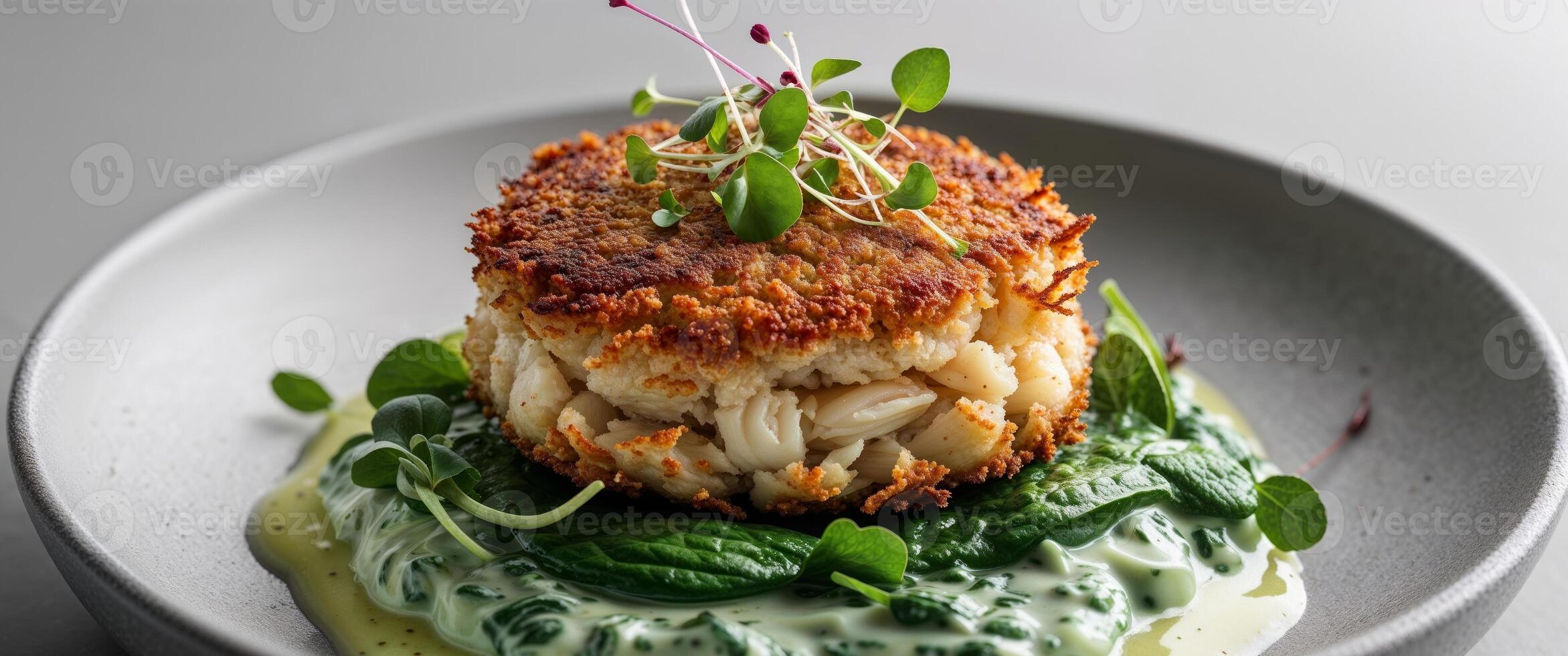 Delicious Crispy Crab Cake with Creamy Spinach and Herb Garnish. photo