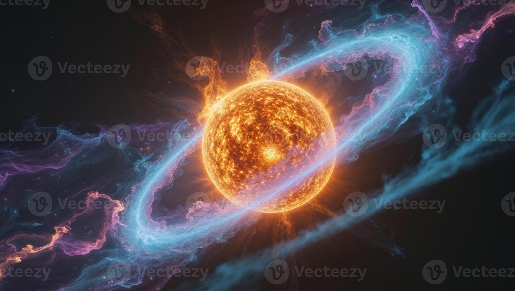 Fiery celestial body emitting intense light and heat surrounded by swirling nebula of energy and plasma photo