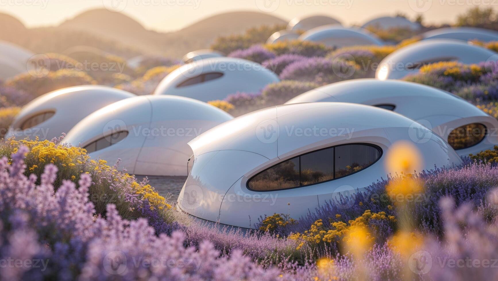 A group of white pods in a field of lavender photo