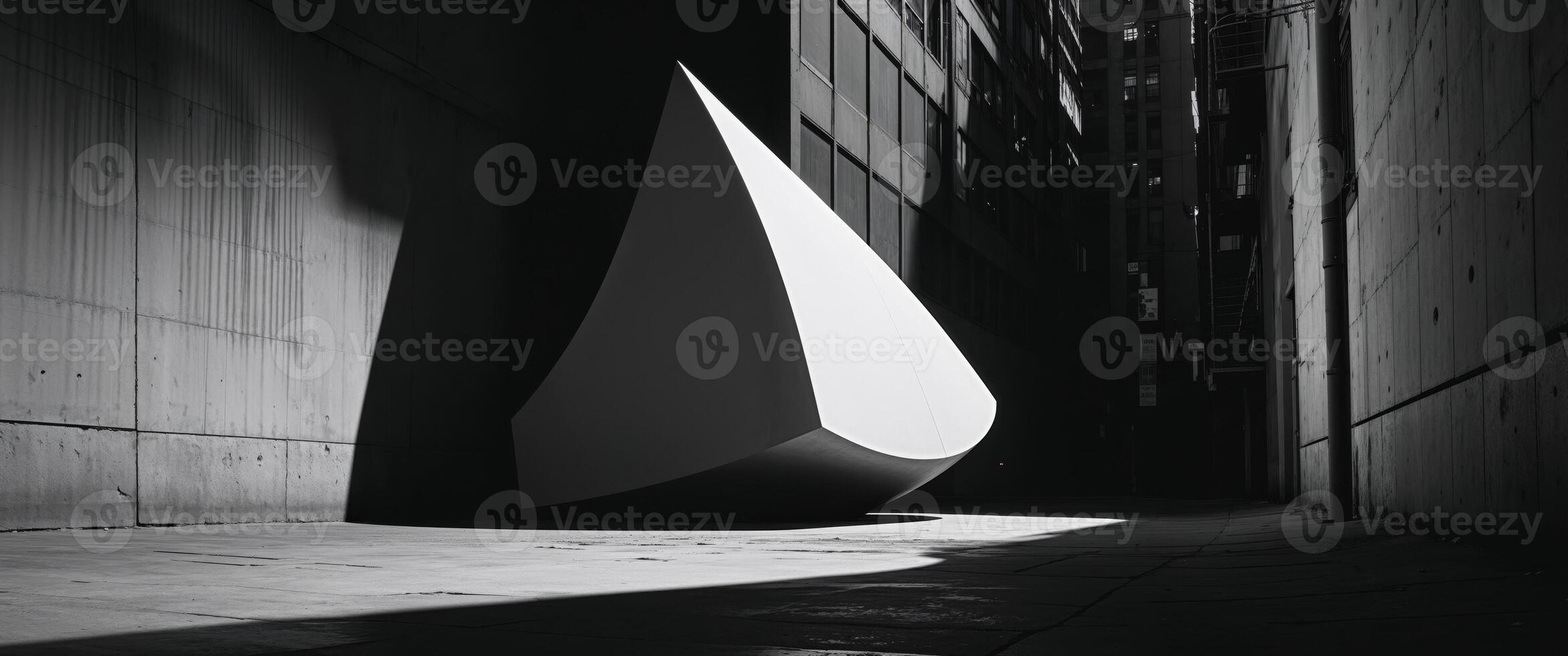A black and white photo of a large sculpture in a narrow alley