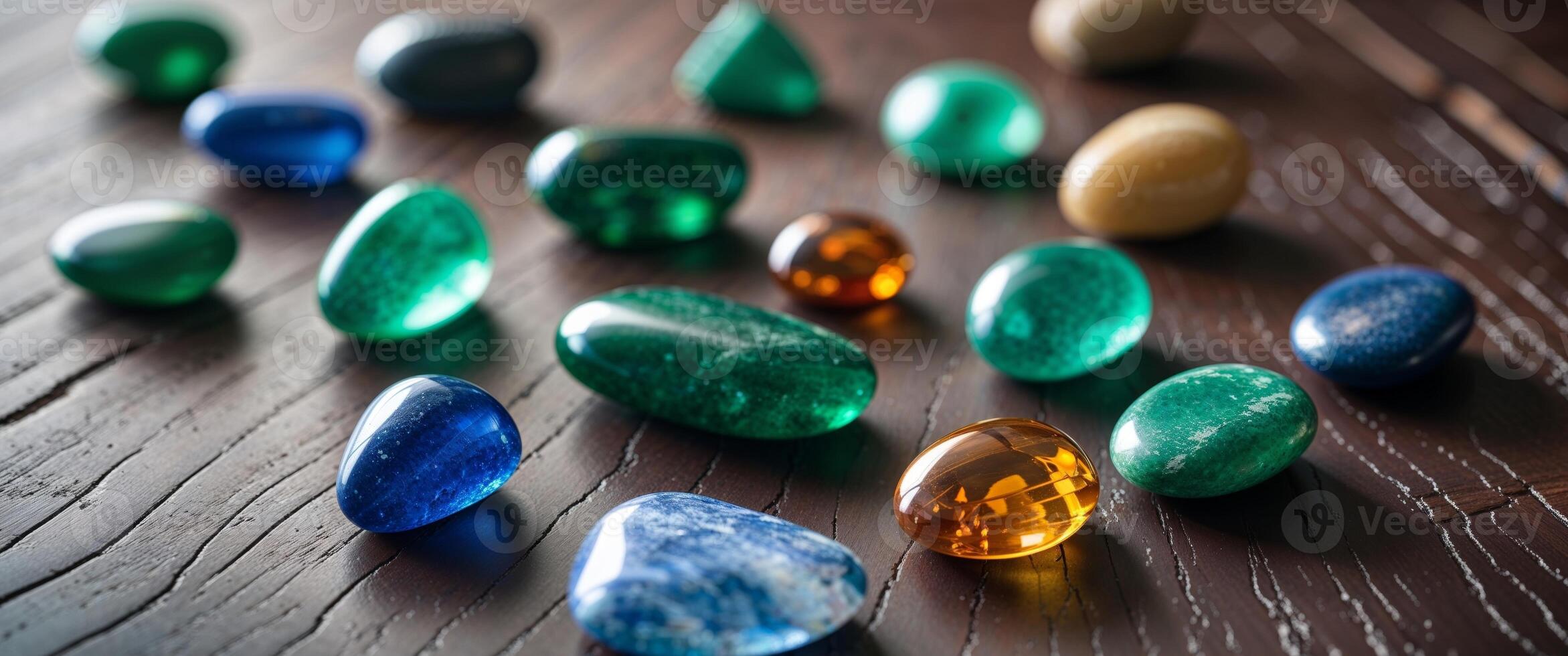 A group of colorful stones on a wooden table photo