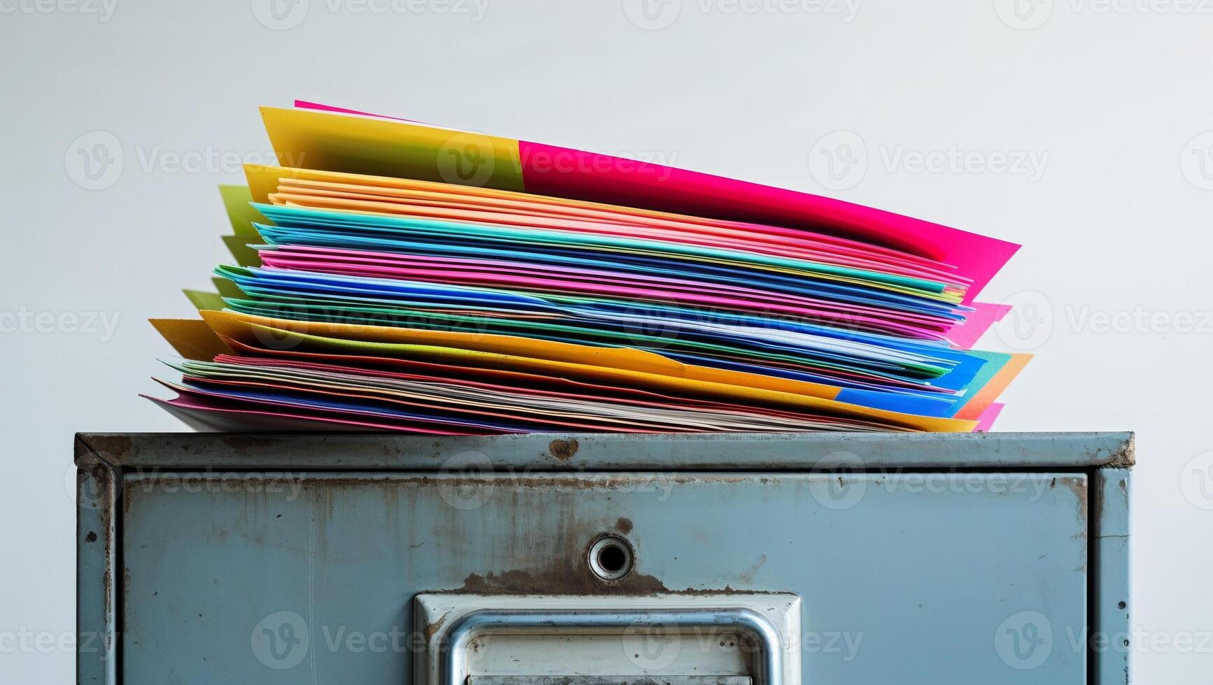 A stack of colorful papers on top of a metal filing cabinet photo