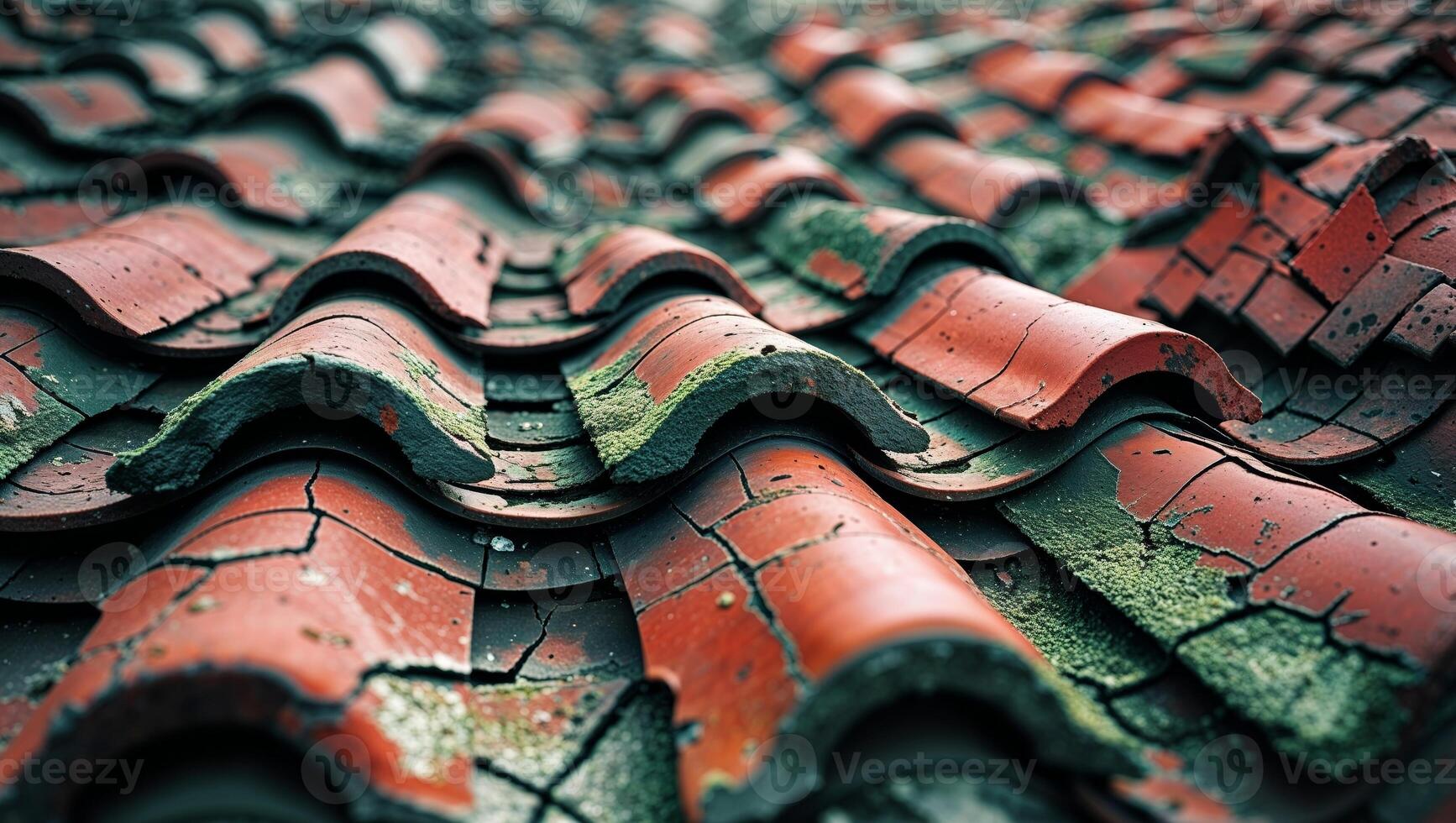 A close up of a red roof with moss on it photo