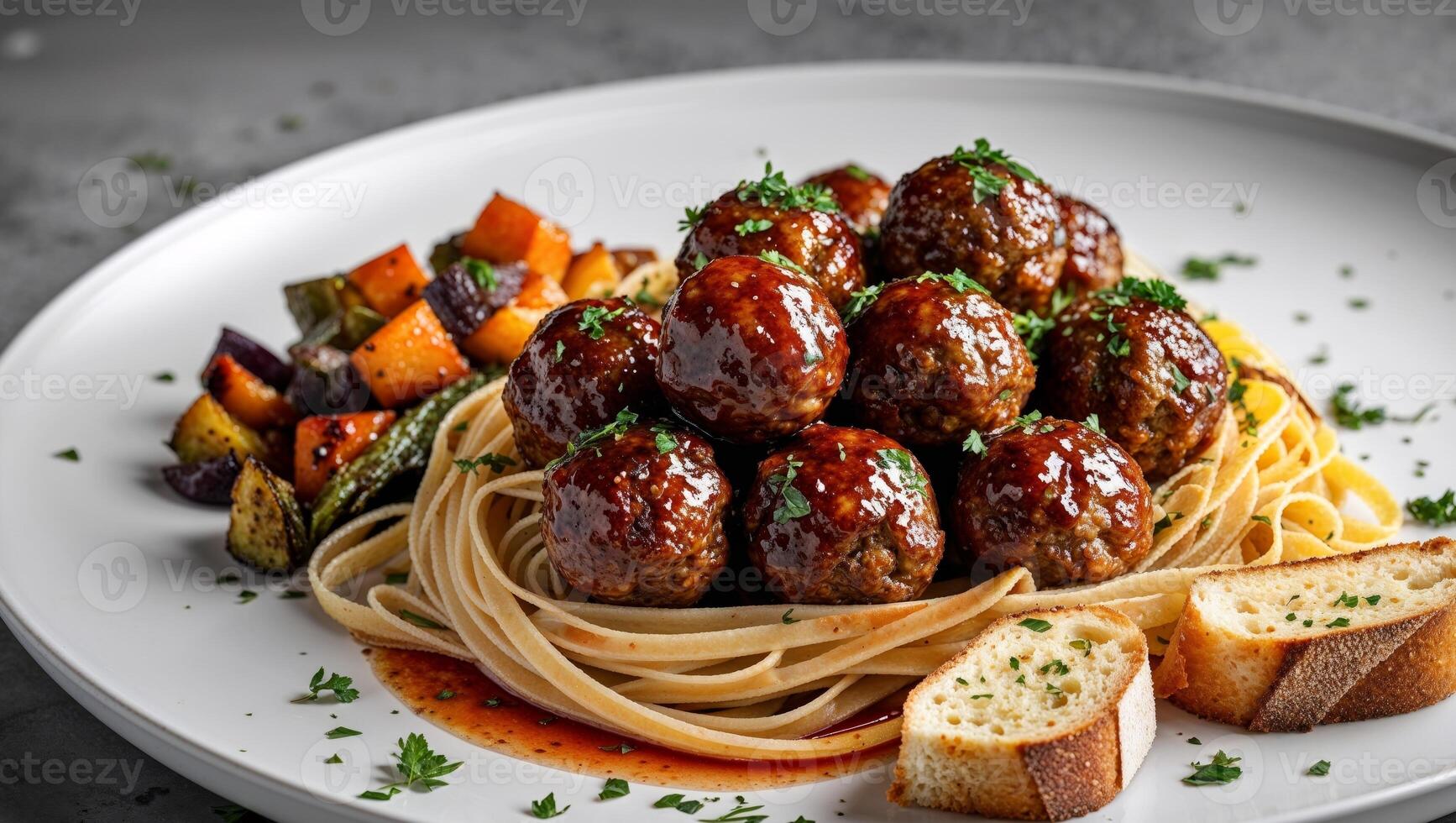 A plate of spaghetti and meatballs with bread photo