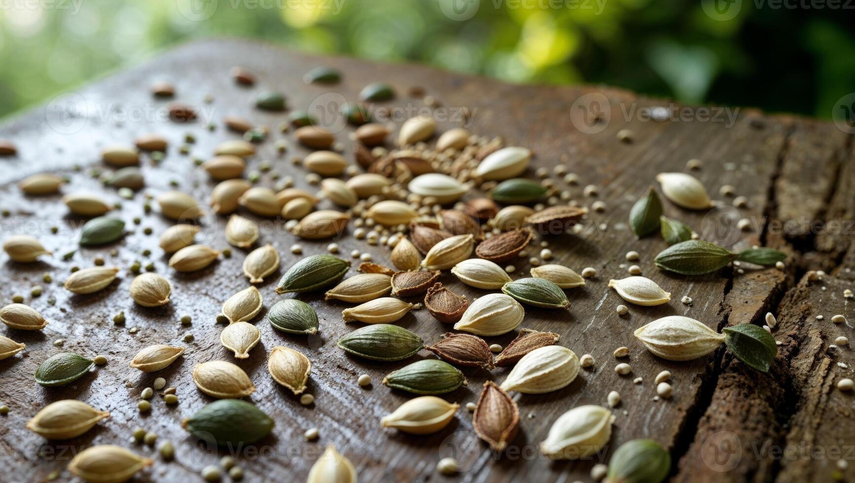 A close up of seeds and nuts on a wooden table photo