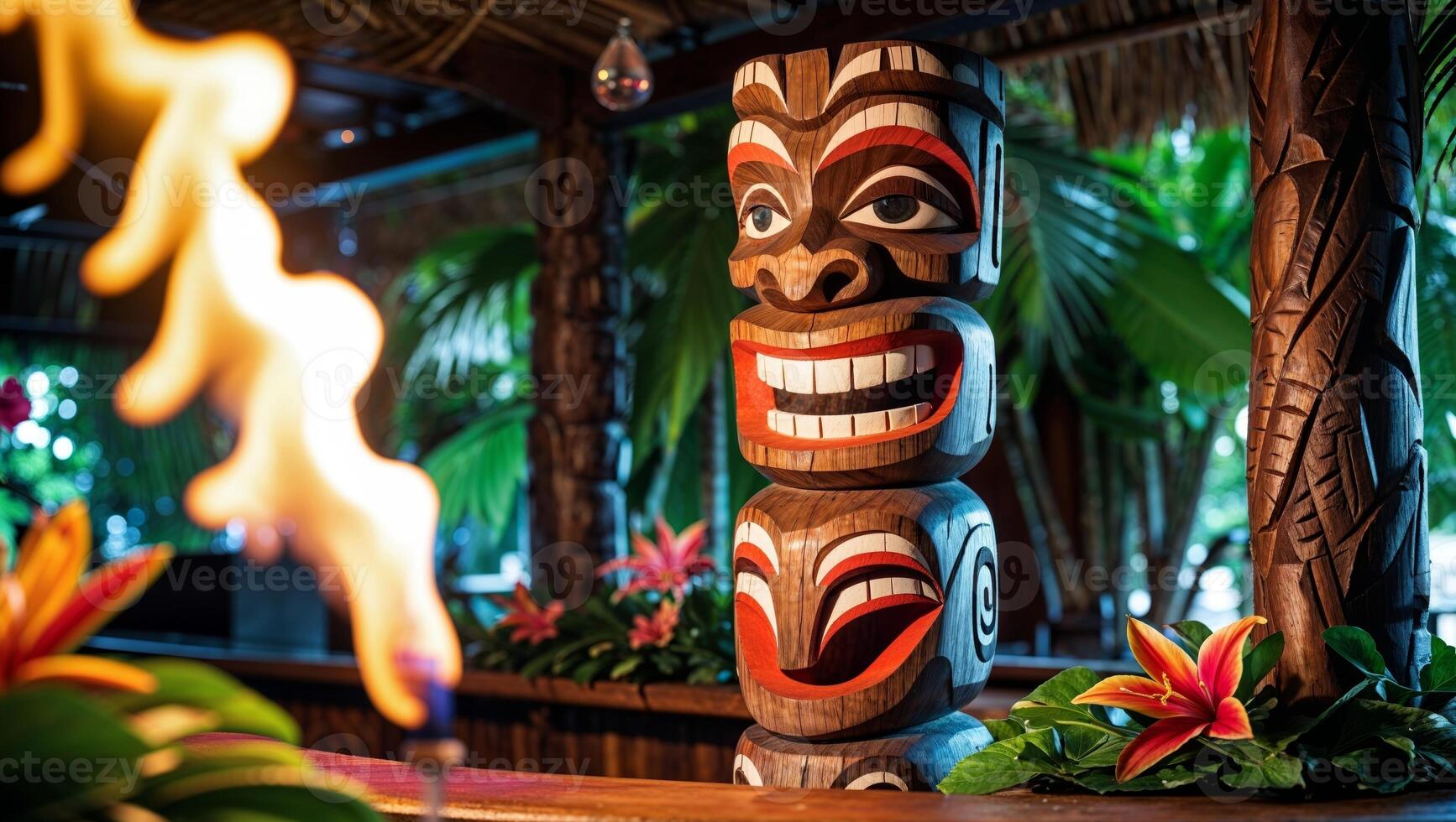 A tiki bar with a fire and a tiki mask photo