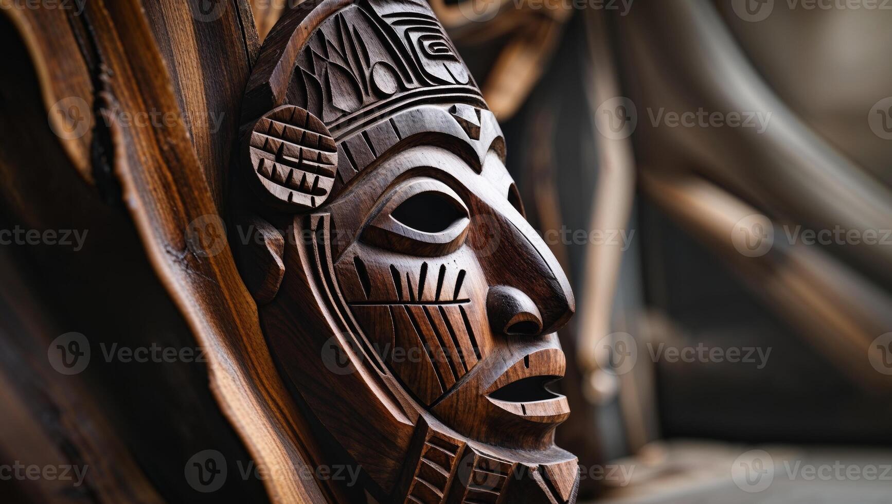 A wooden mask is on display in a museum photo