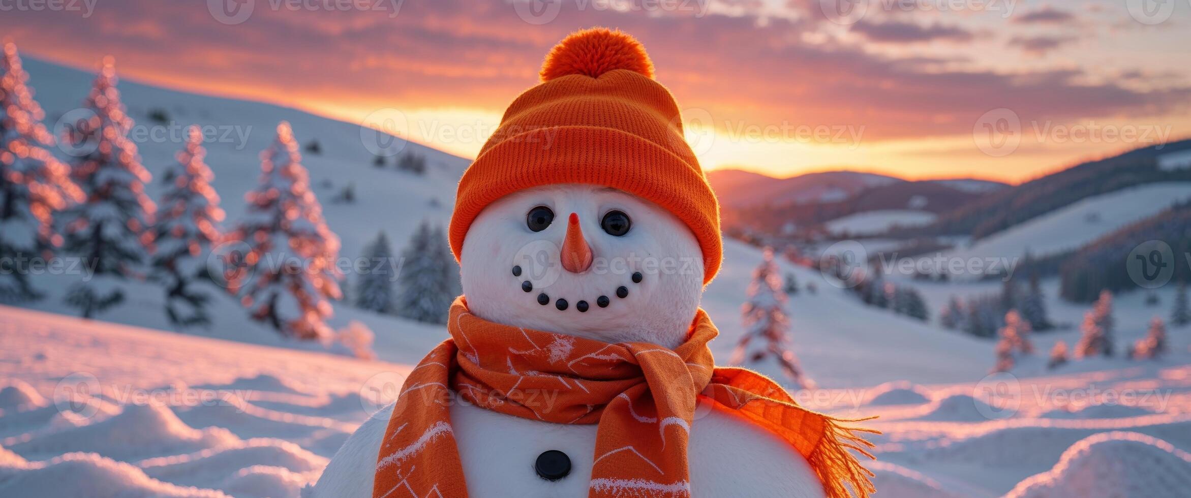 A snowman wearing an orange scarf and hat photo