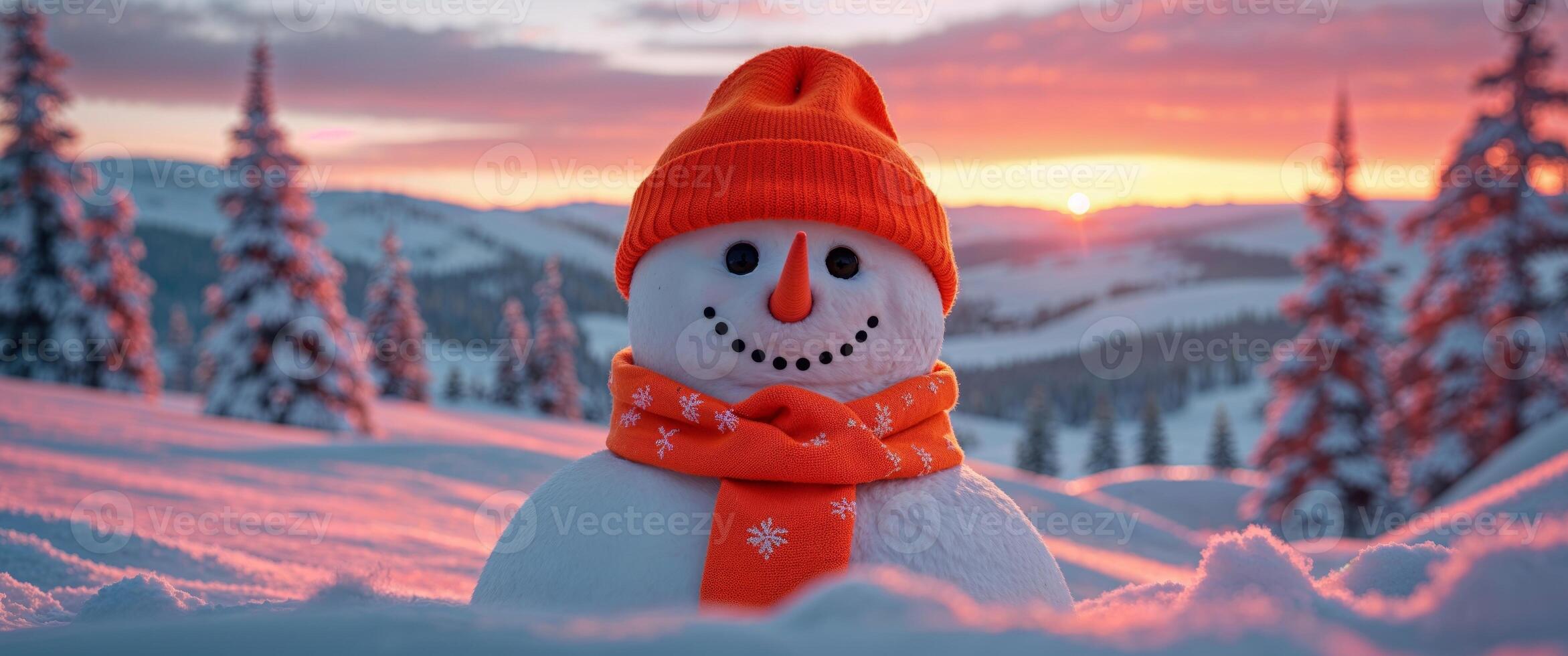 A snowman wearing an orange hat and scarf photo