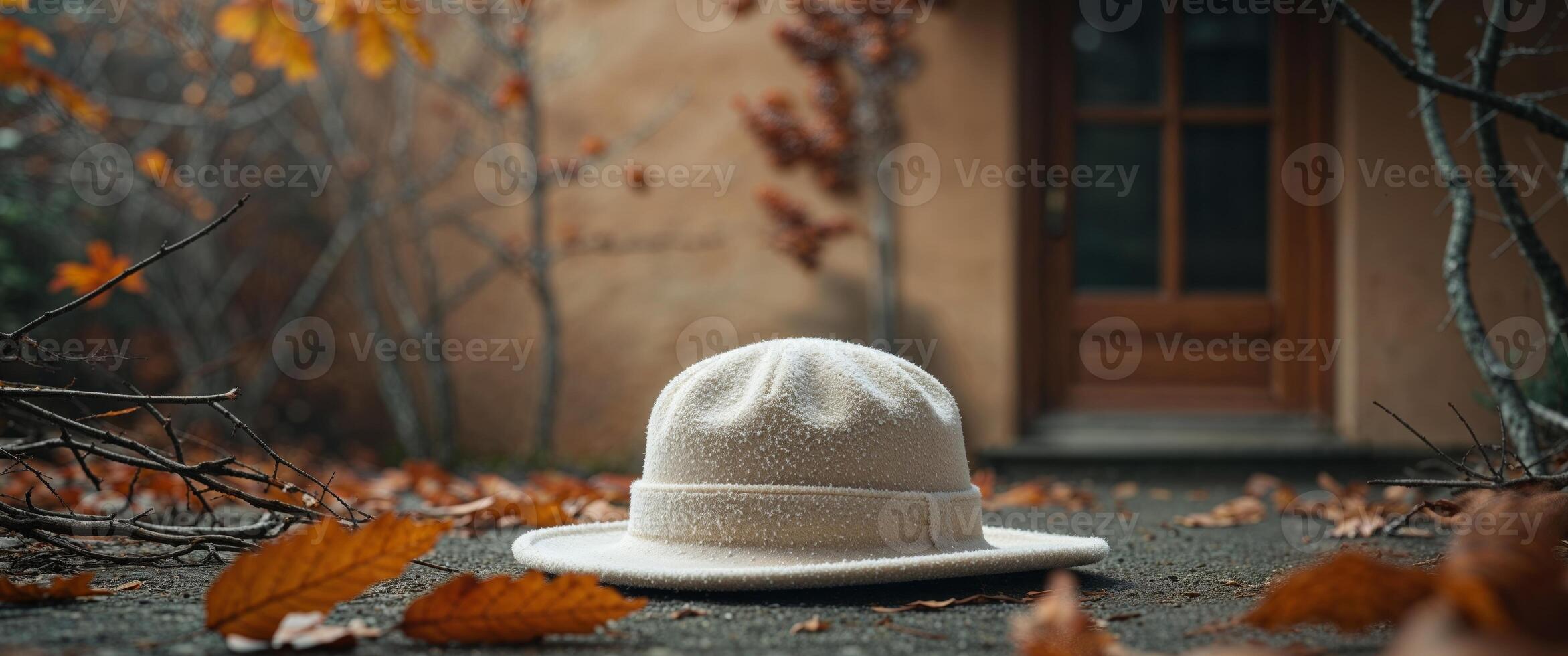A white hat sits on the ground in front of a door photo